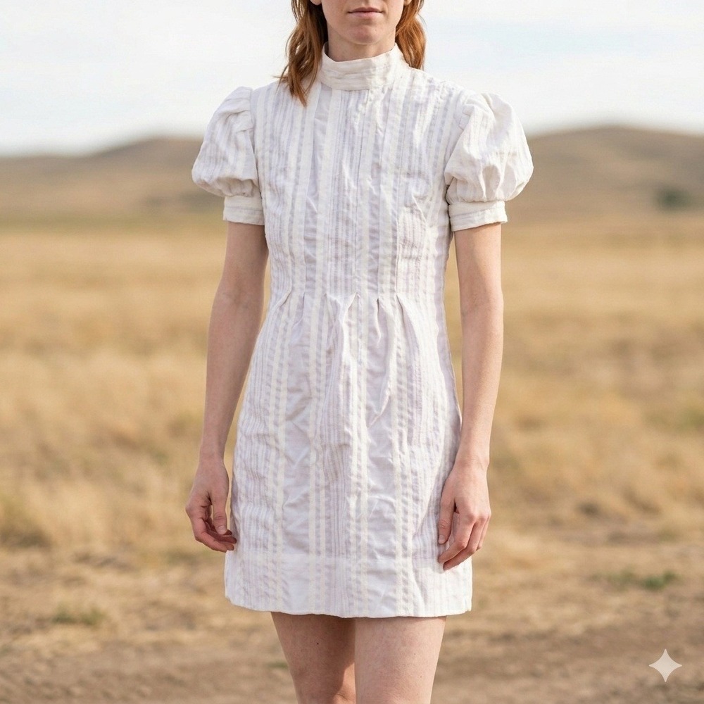 Vtg Ivory Puff Sleeve Dainty Coquette Romantic Seersucker Cotton Dobby Dress